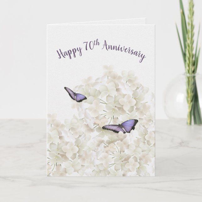 70th Anniversary Butterflies on White Hydrangea Card (Front)