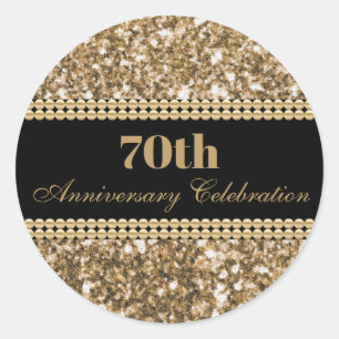 70th Anniversary Celebration Gold Glitter Pearls Classic Round Sticker