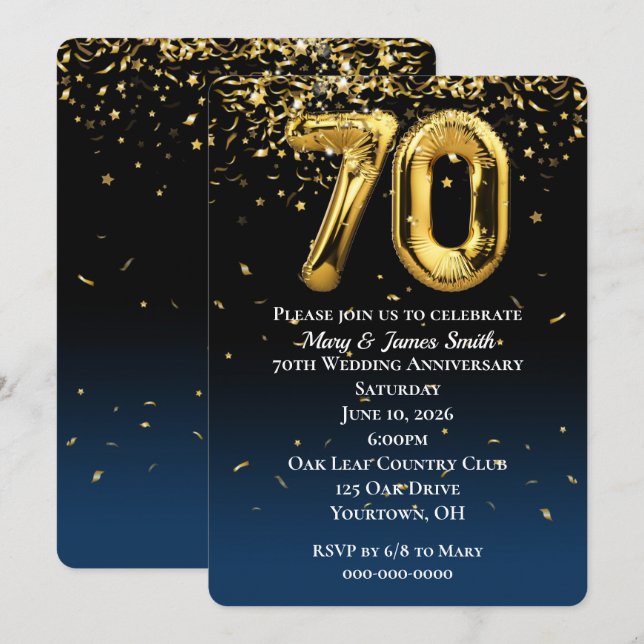 70th Anniversary Gold Balloons Confetti Invitation (Front/Back)