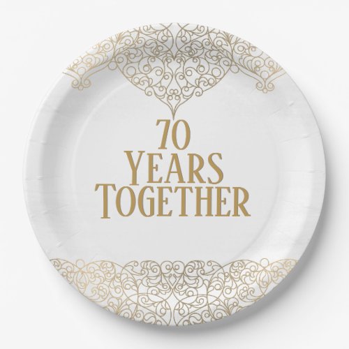 70th Anniversary Gold Lace On White Paper Plates