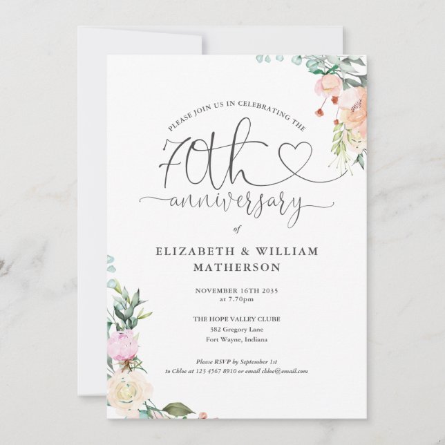 70th Anniversary Heart Script Floral Monogram Invitation (Front)