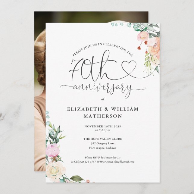 70th Anniversary Heart Script Floral Photo Invitation (Front/Back)