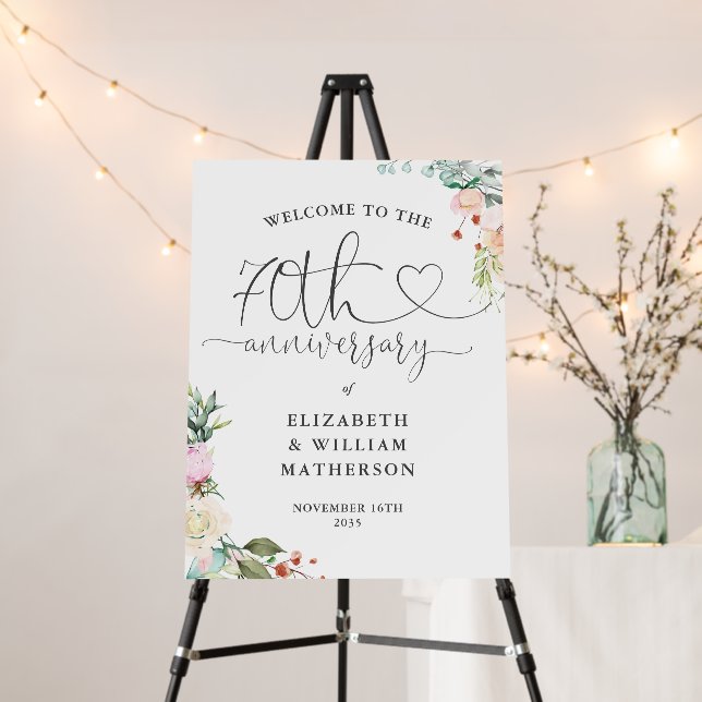 70th Anniversary Heart Script Floral Welcome Sign (In Situ (Stand))