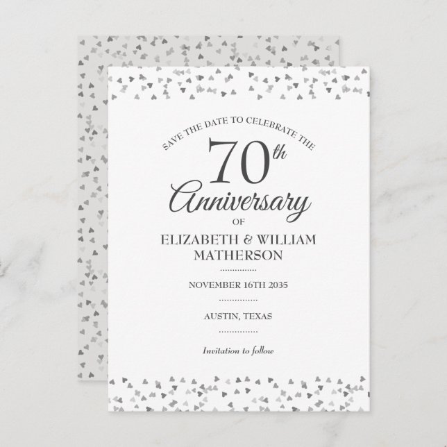 70th Anniversary Hearts Confetti Save the Date Announcement Postcard (Front/Back)