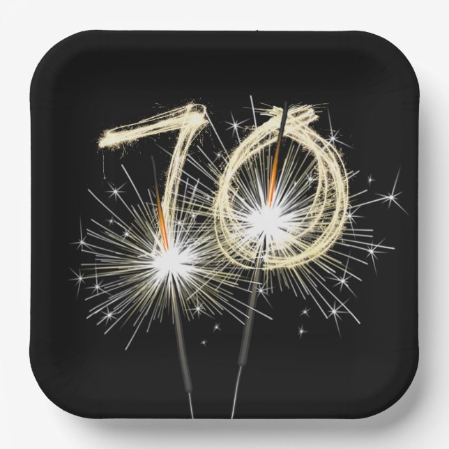 70th Anniversary Party Sparklers on Black  Paper Plates (Front)