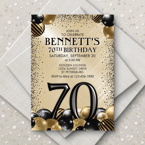 70th Balloons Black Gold Birthday Invitation