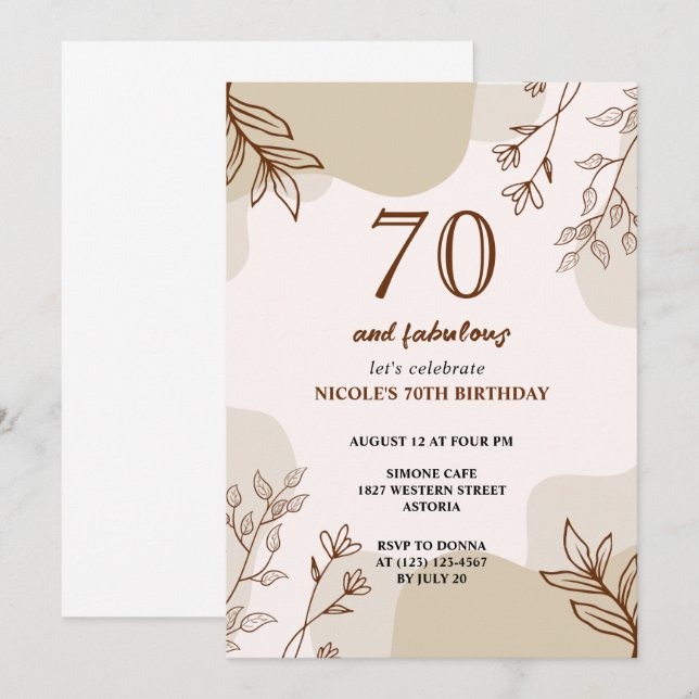 70th beige brown floral birthday invitation  (Front/Back)