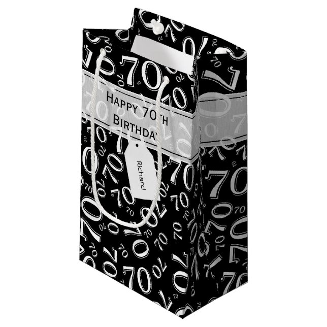70th Biirthday Random Number Pattern Black/White Small Gift Bag (Front Angled)