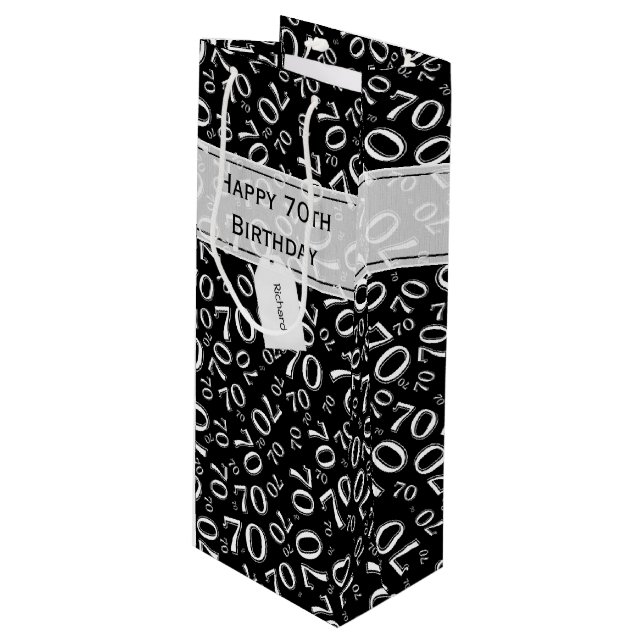 70th Biirthday Random Number Pattern Black/White Wine Gift Bag (Front Angled)
