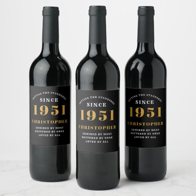 70th Birthday 1951 Black Gold Retro Personalized Wine Label (Bottles)
