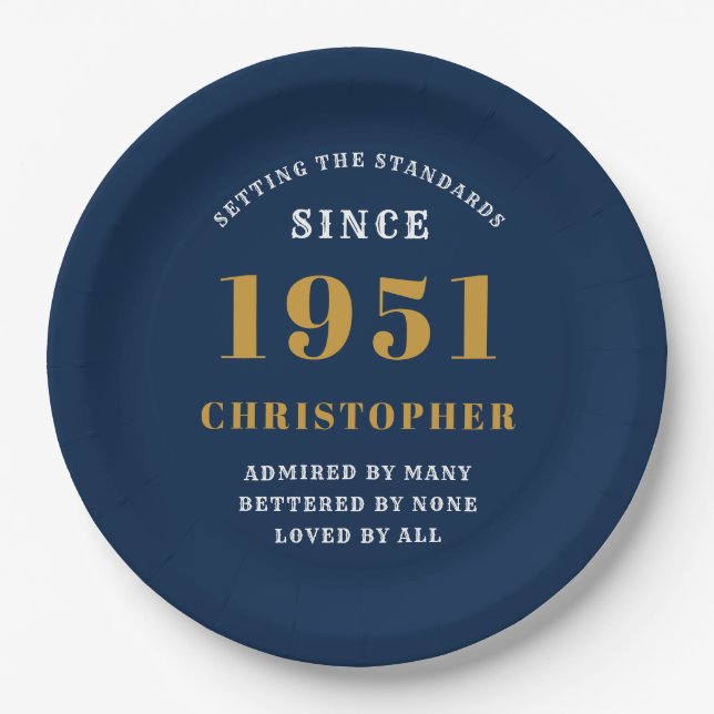 70th Birthday 1951 Blue Gold Love Personalized Paper Plates (Front)