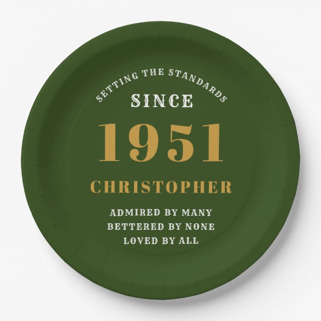70th Birthday 1951 Green Gold Love Personalized Paper Plates (Front)