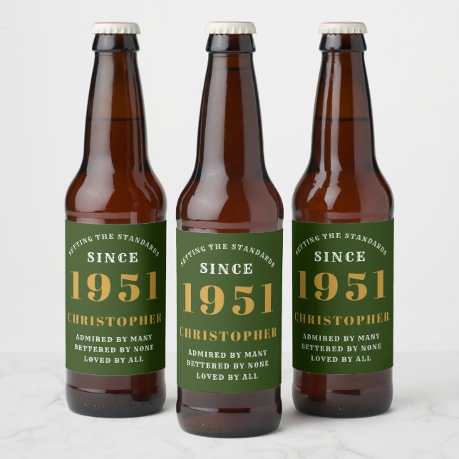 70th Birthday 1951 Green Gold Retro Personalized Beer Bottle Label (Bottles)