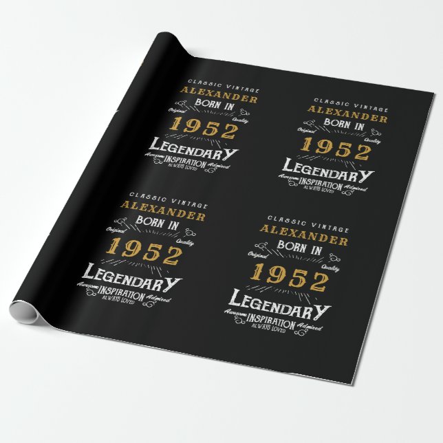 70th Birthday 1952 Black Gold Add Name Legendary Wrapping Paper (Unrolled)