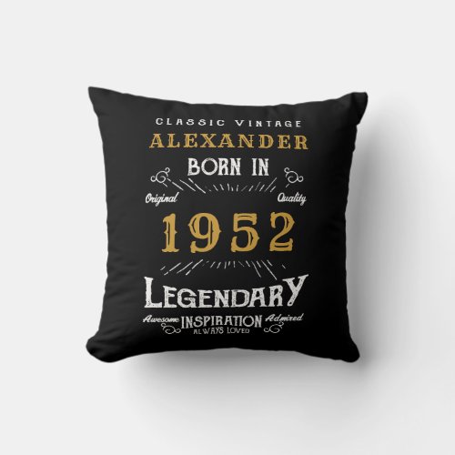 70th Birthday 1952 Black Gold Add Name Retro Throw Pillow