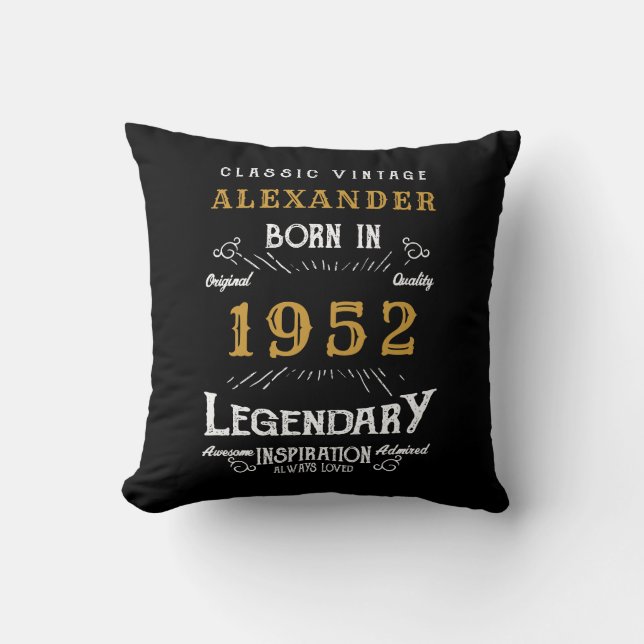 70th Birthday 1952 Black Gold Add Name Retro Throw Pillow (Front)