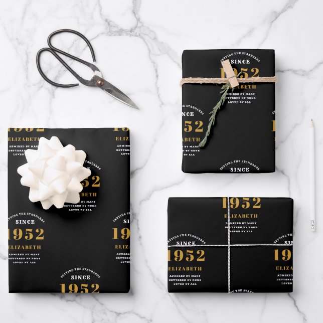 70th Birthday 1952 Black Gold Chic Elegant Wrapping Paper Sheets (Front)