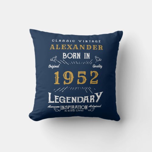 70th Birthday 1952 Blue Gold Add Name Retro Throw Pillow