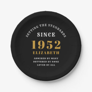 70th Birthday 1952 Elegant Chic Gold Black Paper Plates