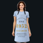70th Birthday 1952 Elegant Gold Blue Grey Apron<br><div class="desc">A wonderful birthday gold design on an apron for that special celebration. Easily customize the text using the template provided. Part of the setting standards range of birthday supplies.</div>