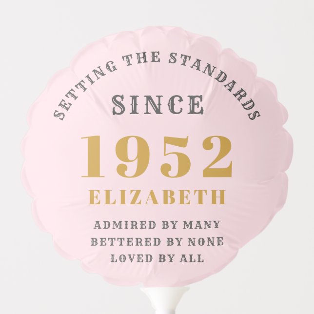 70th Birthday 1952 Elegant Gold Pink Grey Balloon (Front)