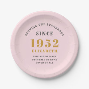 70th Birthday 1952 Elegant Gold Pink Grey Paper Plates