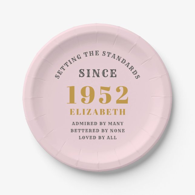 70th Birthday 1952 Elegant Gold Pink Grey Paper Plates (Front)