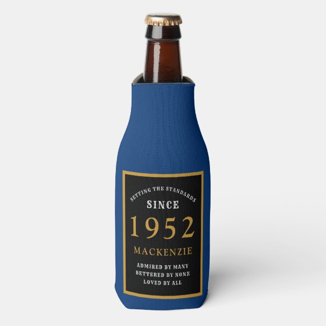 70th Birthday 1952 Name Elegant Black Gold Blue Bottle Cooler (Bottle Front)