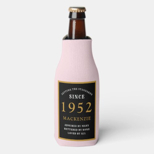 70th Birthday 1952 Name Elegant Black Gold Pink Bottle Cooler