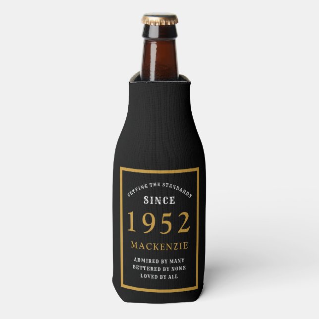70th Birthday 1952 Name Elegant Chic Black Gold Bottle Cooler (Bottle Front)