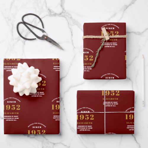 70th Birthday 1952 Red Gold Chic Elegant Wrapping Paper Sheets