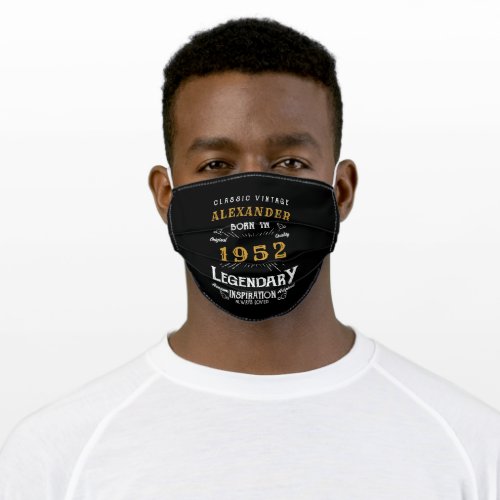 70th Birthday 1952 Vintage Black Gold Add Name  Adult Cloth Face Mask