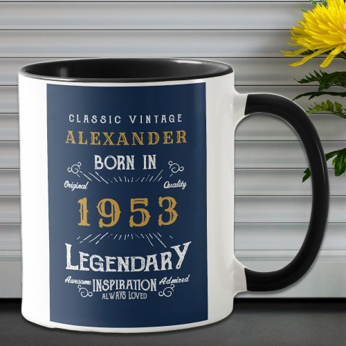 70th Birthday 1953 Add Name Vintage Blue Gold Mug