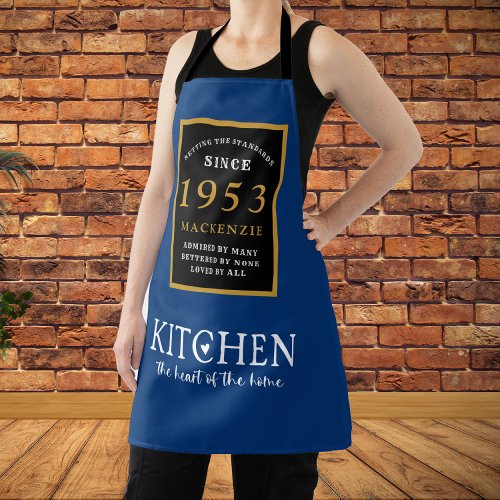 70th Birthday 1953 Name Elegant Black Gold Blue Apron