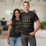 70th Birthday 1954 Add Name Black Gold Party T-Shirt<br><div class="desc">Custom 70th Birthday Guest of Honor Black and Gold T-Shirt – Born 1954 Edition. Celebrate your milestone birthday in style with our Custom 70th Birthday Guest of Honor t-shirt. Our black and gold tee is the perfect statement piece for this special occasion. With a design that proudly features '1954', wear...</div>