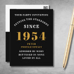 70th Birthday 1954 Black Gold Invitation Postcard<br><div class="desc">Elegant Black and Gold 70th Birthday Invitation - Create Your Own Personalized Design. Setting the stage for a remarkable celebration starts with the perfect invitation. Our elegant black and gold 70th birthday invitation is the perfect choice for this milestone event. Bathed in black for a touch of sophistication and adorned...</div>
