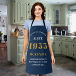 70th Birthday 1955 Name Chic Elegant Blue Apron<br><div class="desc">Elegant blue chic apron - 70th Birthday 1955 Name Personalized Kitchen & BBQ Essentials. Celebrate a fabulous birthday with style and practicality! This elegant chic apron is the perfect accessory for the culinary enthusiast in your life. Its eye-catching design, enhanced with a touch of class, adds a charming vibe to...</div>