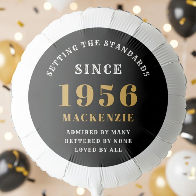 70th Birthday 1956 Add Name Black Gold Balloon (Born 1956 birthday balloon. Background out of focus.)