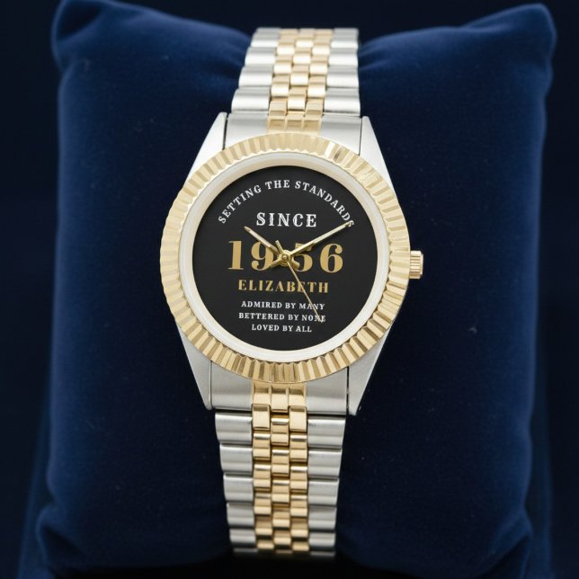 70th Birthday 1956 Elegant Black White Chic Watch (Born 1956 birthday watch on a blue background.)