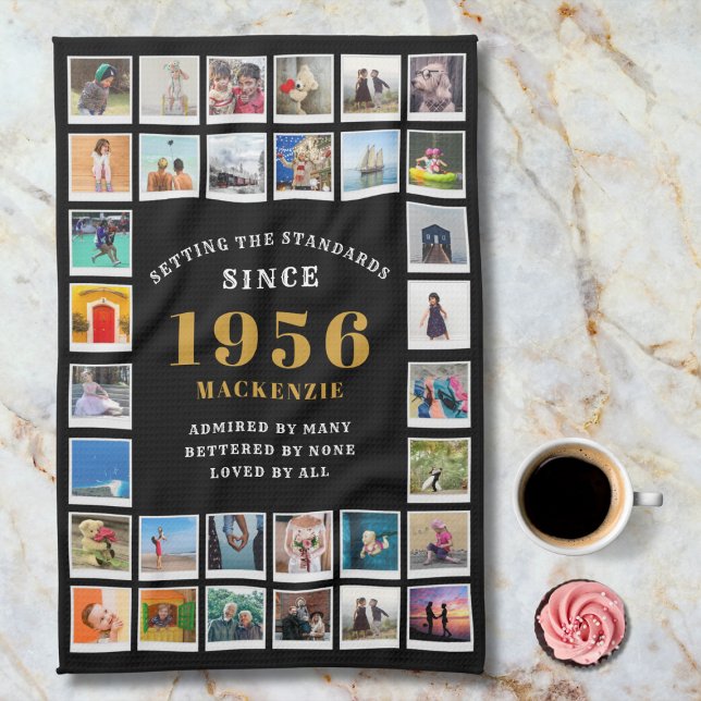 70th Birthday 1956 Family Memories Photo Collage  Kitchen Towel (1956 Kitchen towel. Marble background.)