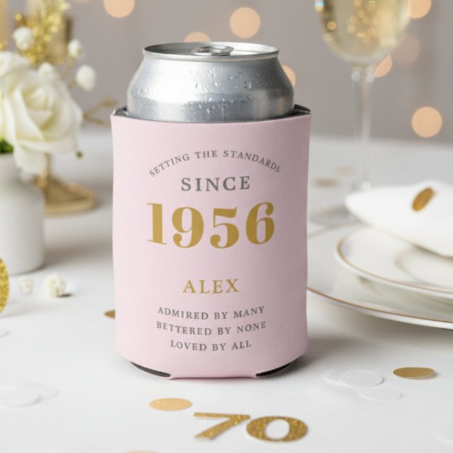 70th Birthday 1956 Keepsake Elegant Personalized Can Cooler (1956 pink can cooler with white background.)