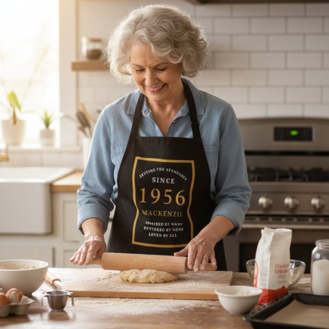 70th Birthday 1956 Name Elegant Black Gold Chic Apron (1956 apron worn by a woman baking in a kitchen.)