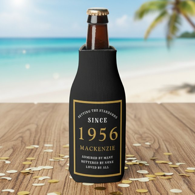 70th Birthday 1956 Name Elegant Chic Black Gold Bottle Cooler (Born 1956 bottle cooler. Beach background)