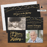 70th Birthday 2 Photos 70 YEARS IN THE MAKING Invitation<br><div class="desc">Invite guests to a 70th birthday party with this photo invitation featuring the saying 70 YEARS IN THE MAKING in a retro gold calligraphy script typography design that integrates their birth year within the design and 2 pictures accented with string lights in your choice of background color (shown in black)....</div>