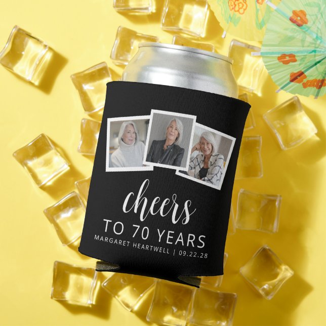 70th Birthday 3-Photo Black White Script Cheers Can Cooler (In Situ Summer)