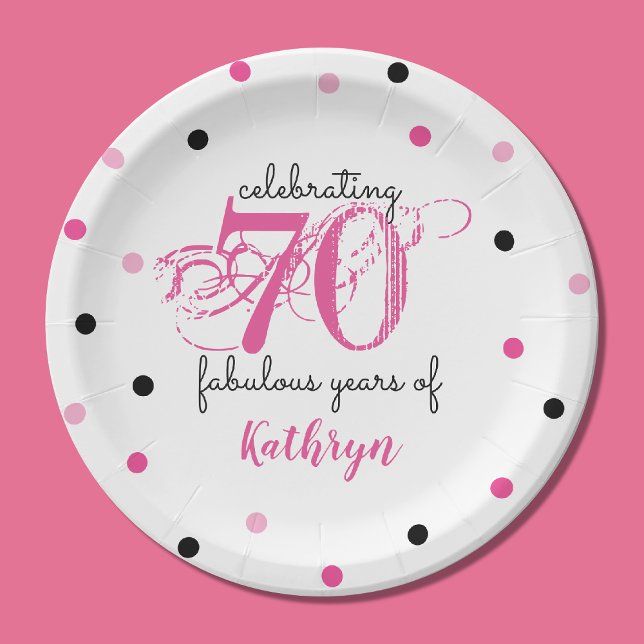70th birthday 70 fabulous years Pink Add Name Paper Plates (Depiction of Front of Paper Plate)