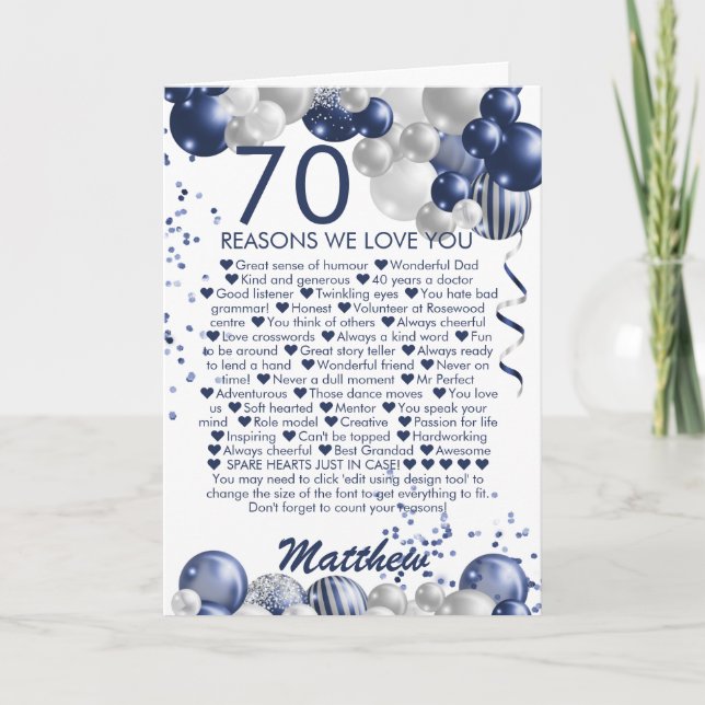 70th Birthday 70 Reasons We Love You Card (Front)