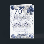 70th Birthday 70 Reasons We Love You Card<br><div class="desc">A gorgeous navy and silver balloon happy 70th (or any age) birthday card. This fabulous design is the perfect way to wish tell someone the 70 reasons you love them, and wish them a happy seventieth birthday (or change the age!) Personalize with our own custom name and message. Blue colored...</div>