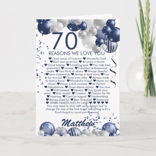 70th Birthday 70 Reasons We Love You Card
