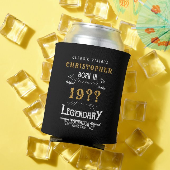 70th Birthday Add Name Year Legendary Black Gold Can Cooler (In Situ Summer)